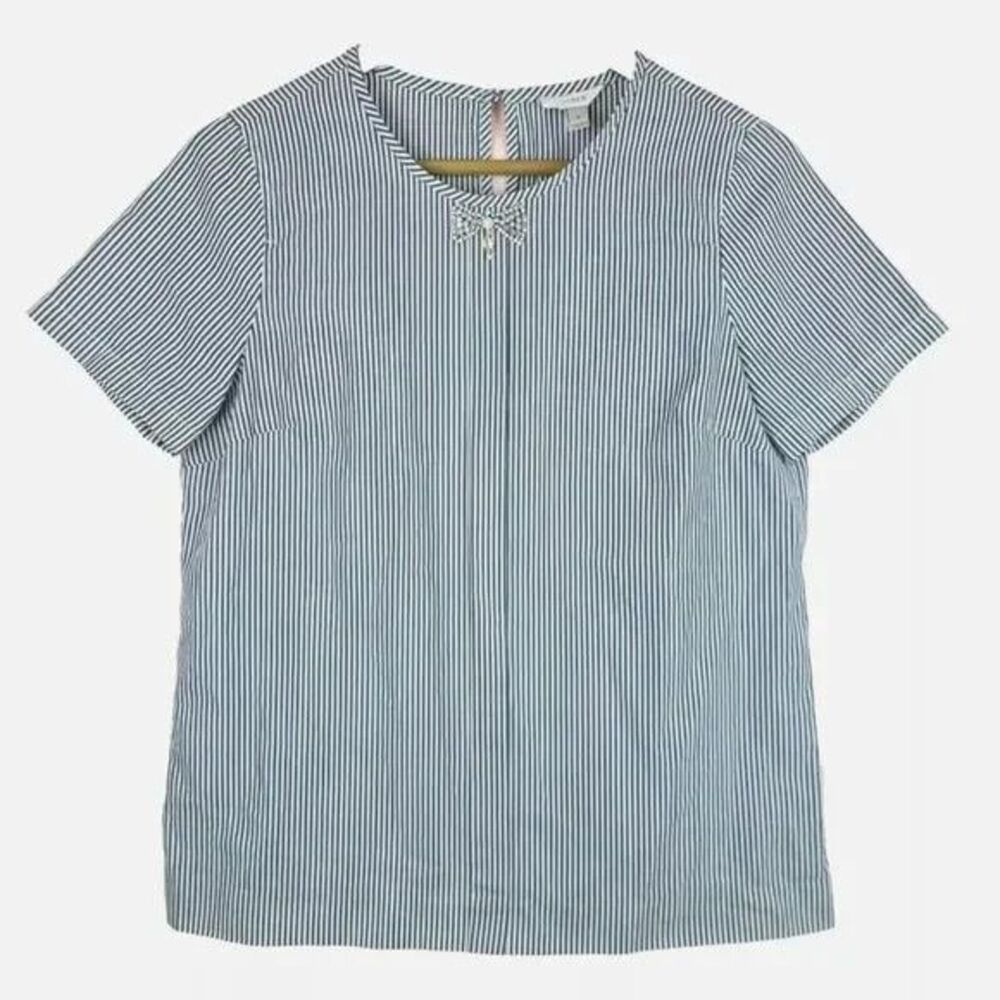 J. Crew Women's Blue White Striped Jeweled Bow Tie Top Blouse Sz 4 Short Sleeve
